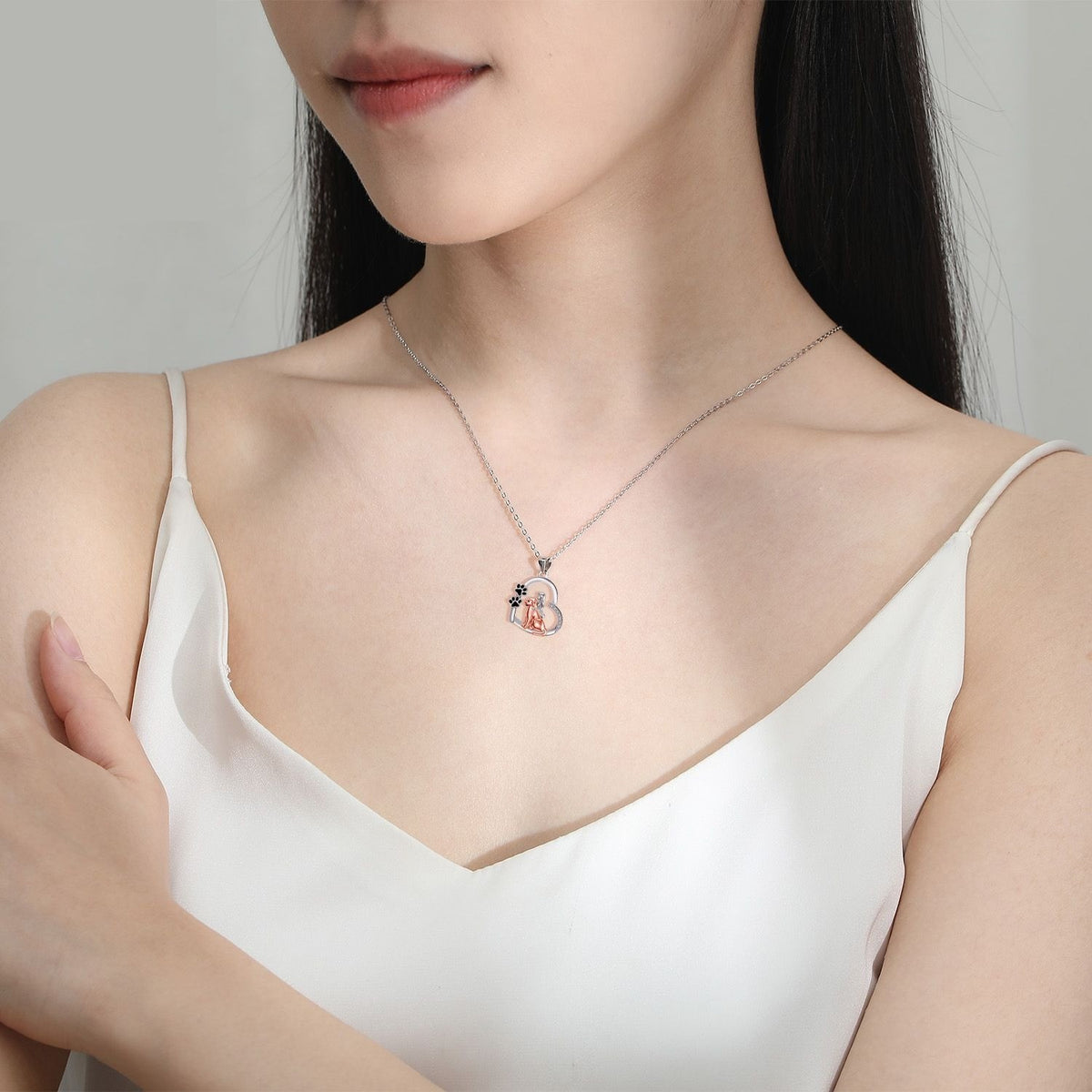 Romantic Rose Gold Girl and Dog Heart Necklace