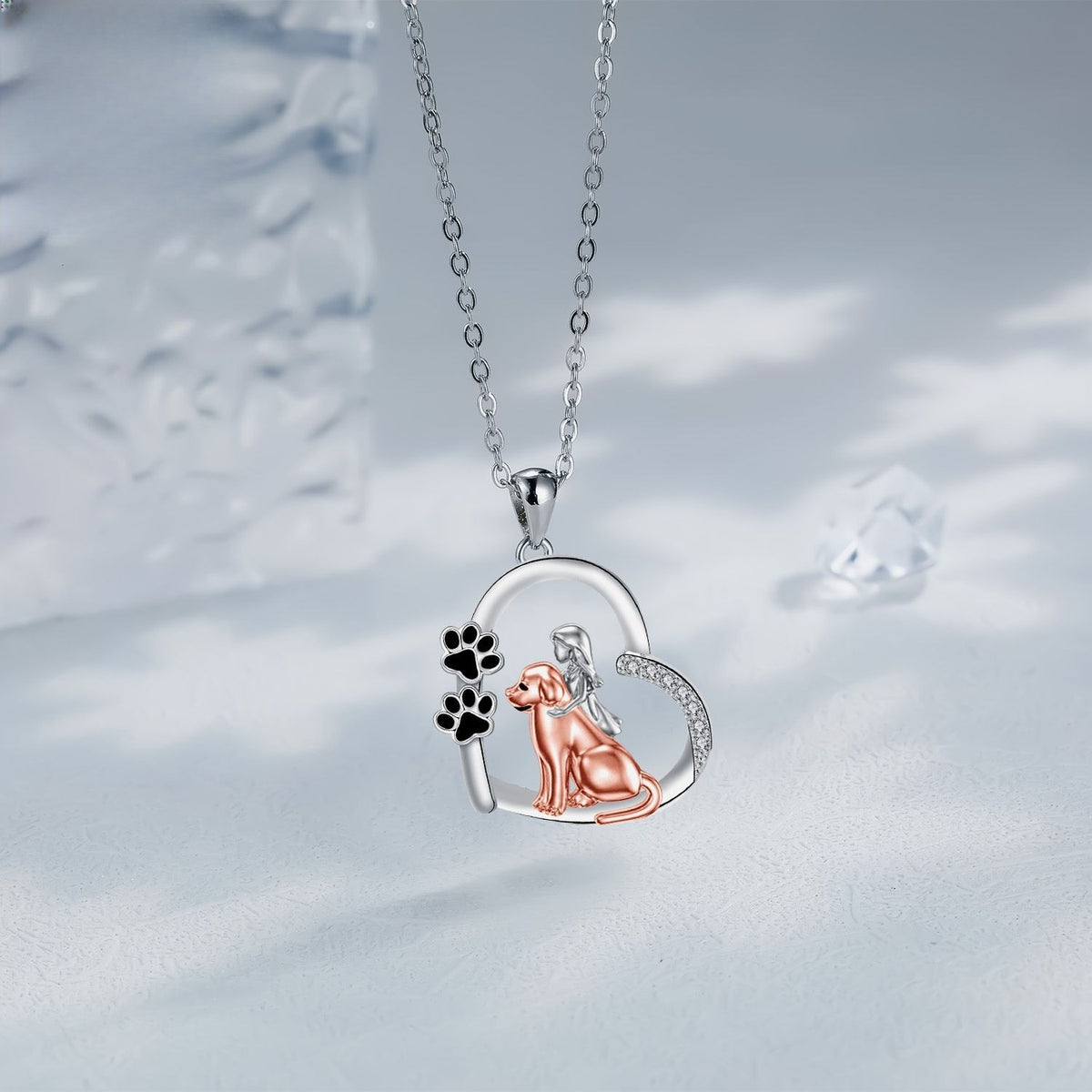 Romantic Rose Gold Girl and Dog Heart Necklace