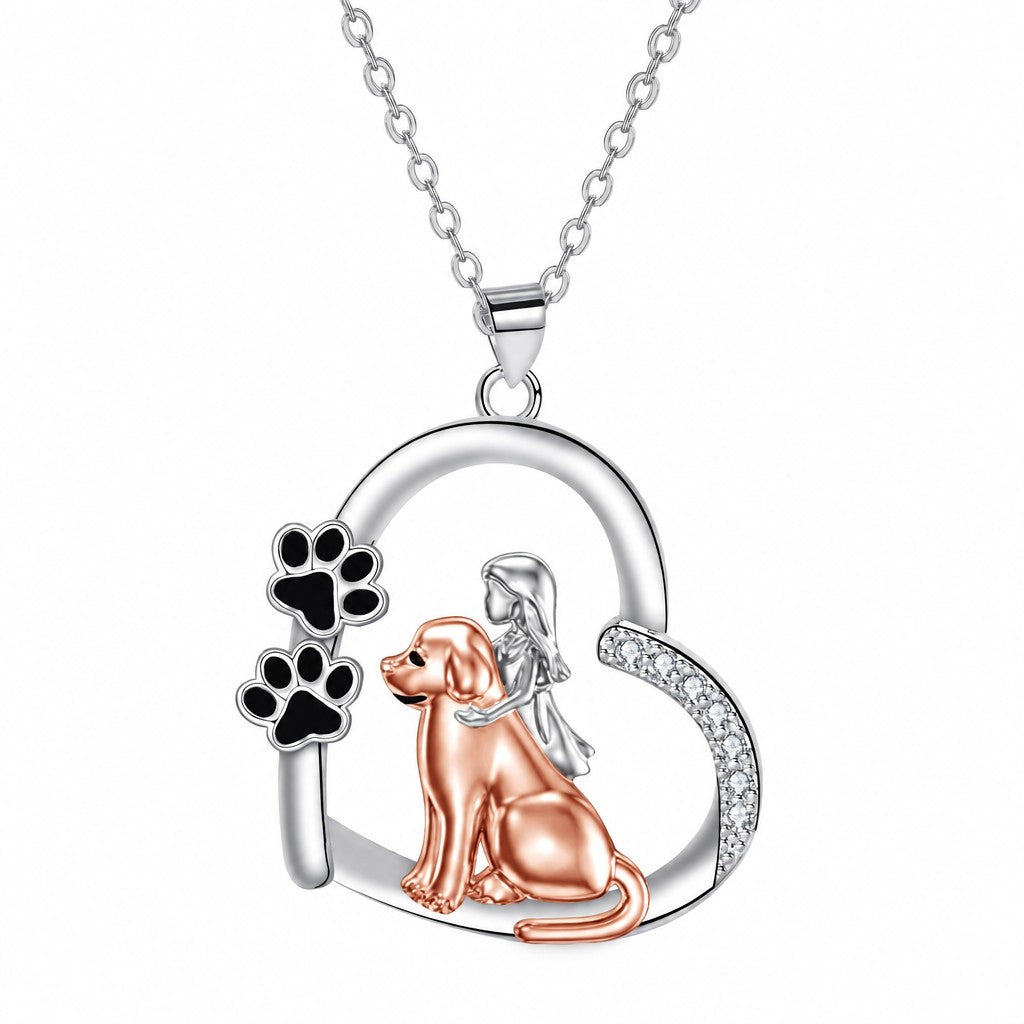 Romantic Rose Gold Girl and Dog Heart Necklace