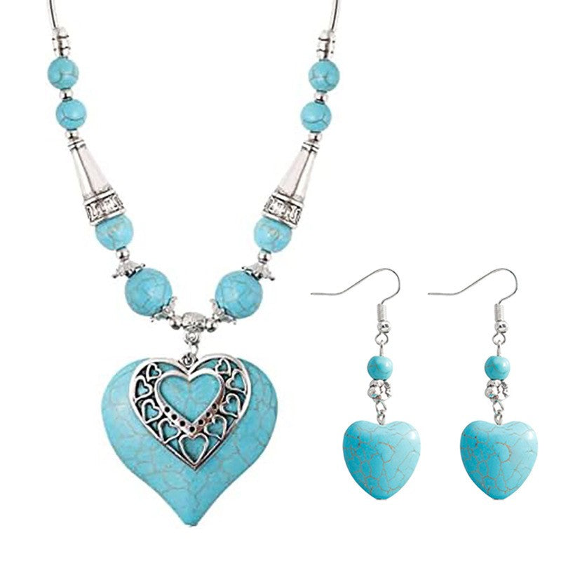 Vintage Turquoise Filigree Heart Necklace and Earring Set