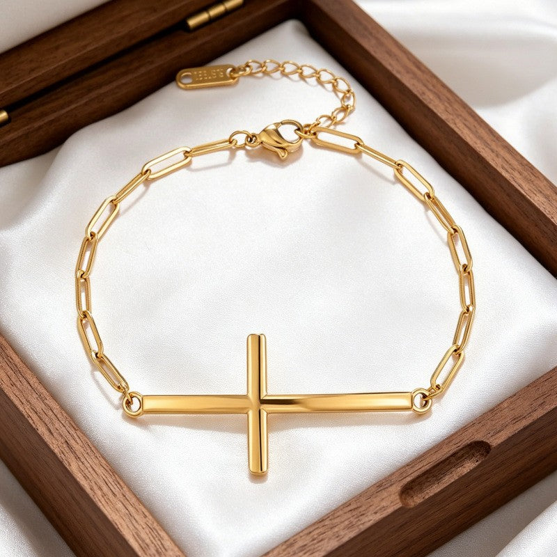 Dainty Sideways Cross Paperclip Bracelet