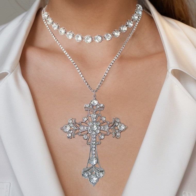 Classy Rhinestone Cross Layered Necklace