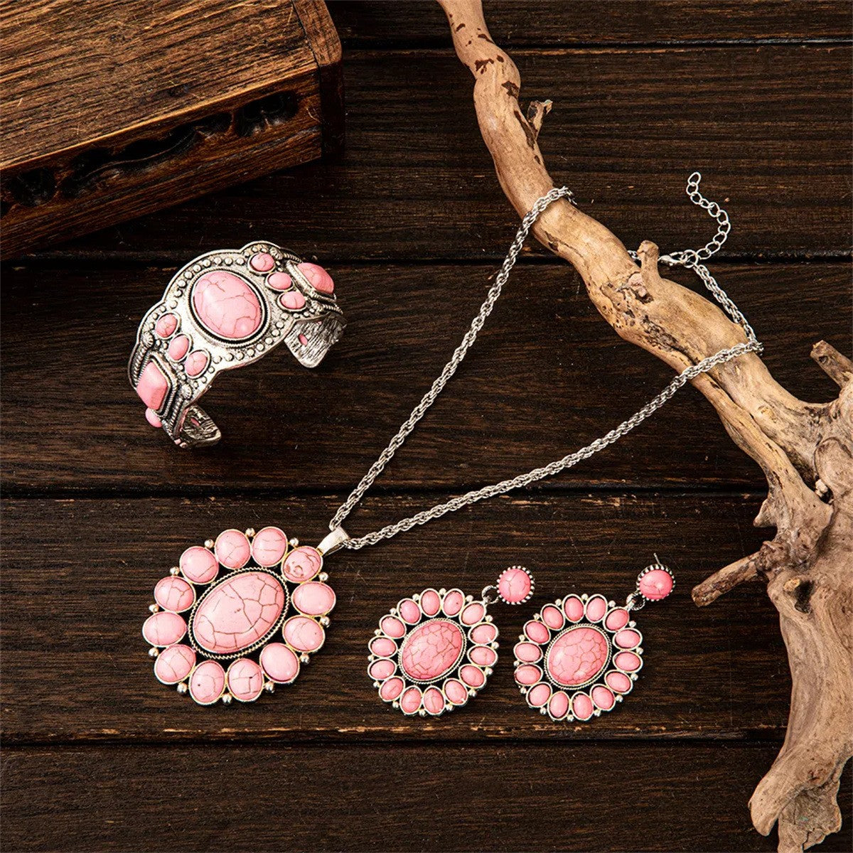 Vintage Pink Stone Necklace, Bracelet & Earring Set