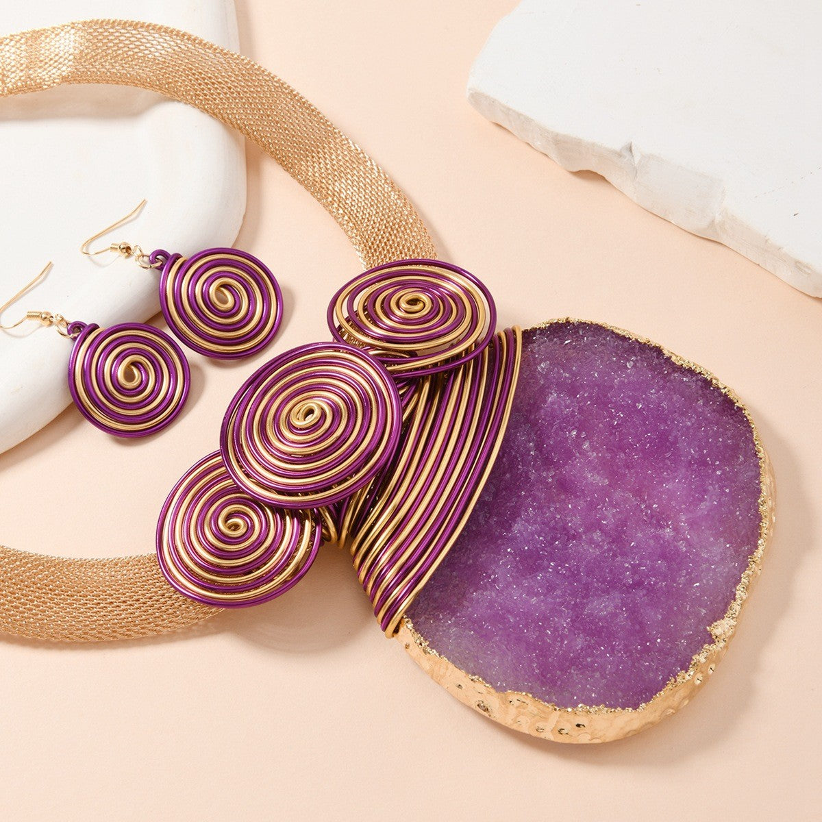 Boho Natural Stone Spiral Collar Necklace & Earring Set