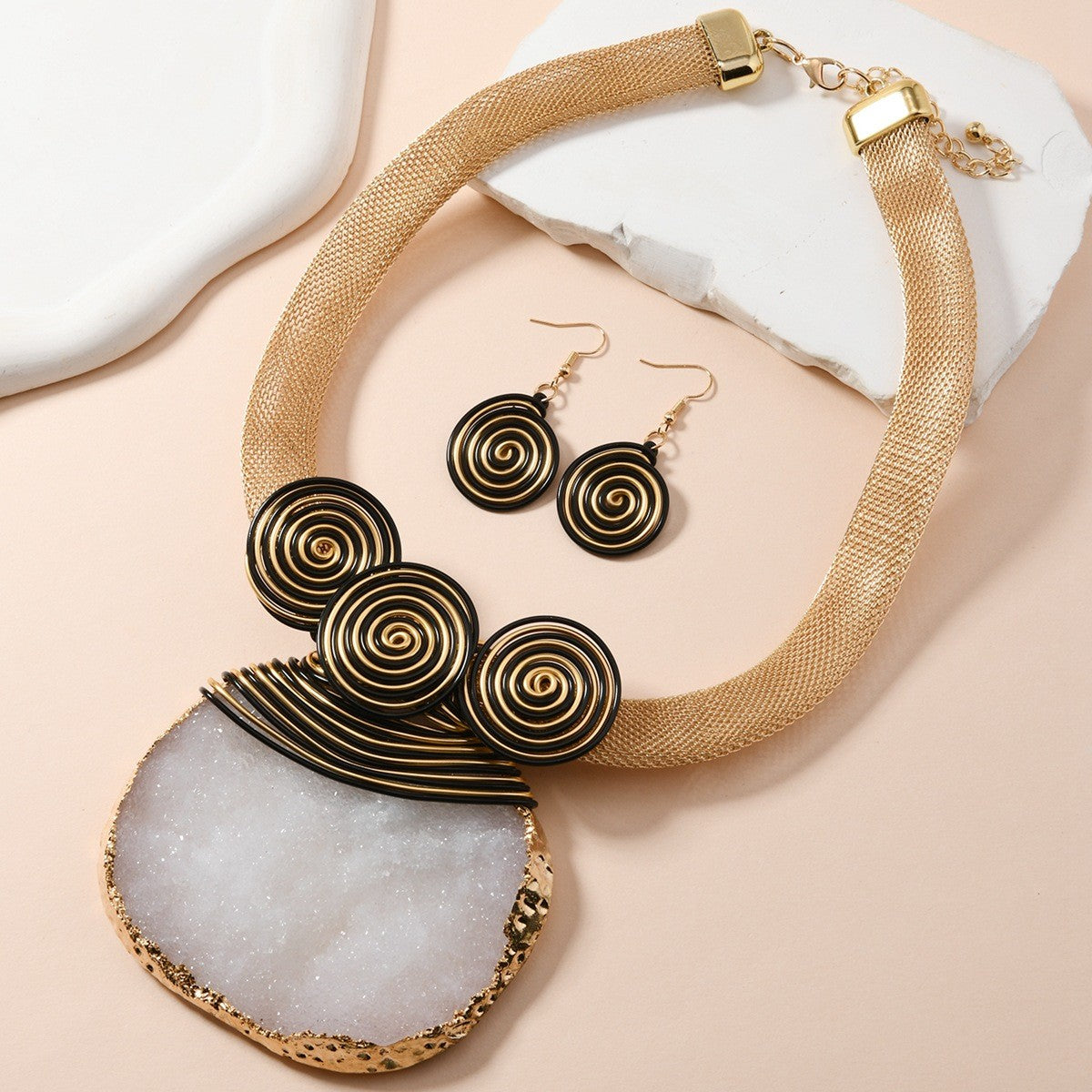 Boho Natural Stone Spiral Collar Necklace & Earring Set