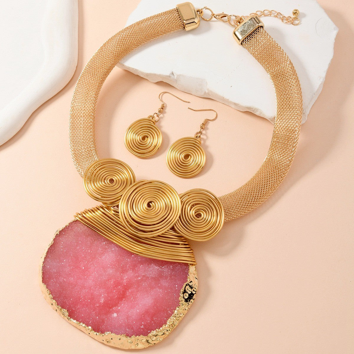 Boho Natural Stone Spiral Collar Necklace & Earring Set