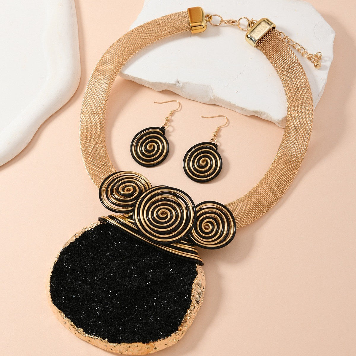 Boho Natural Stone Spiral Collar Necklace & Earring Set