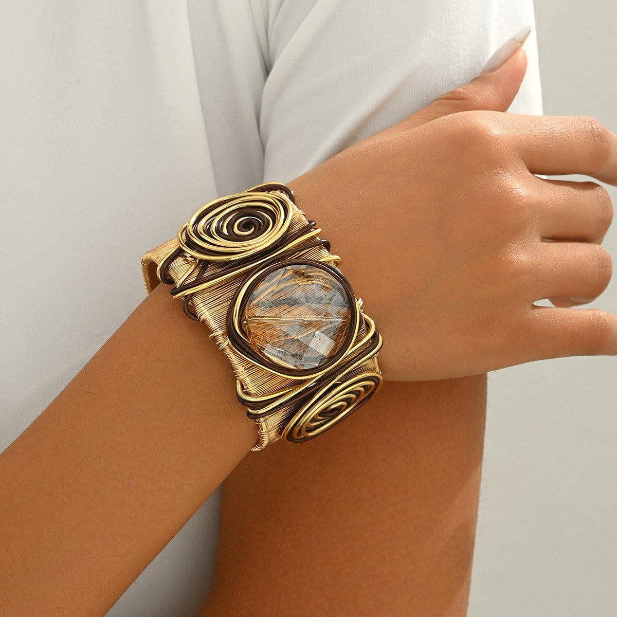 Boho Wire Wrapped Gem Cuff Bracelet