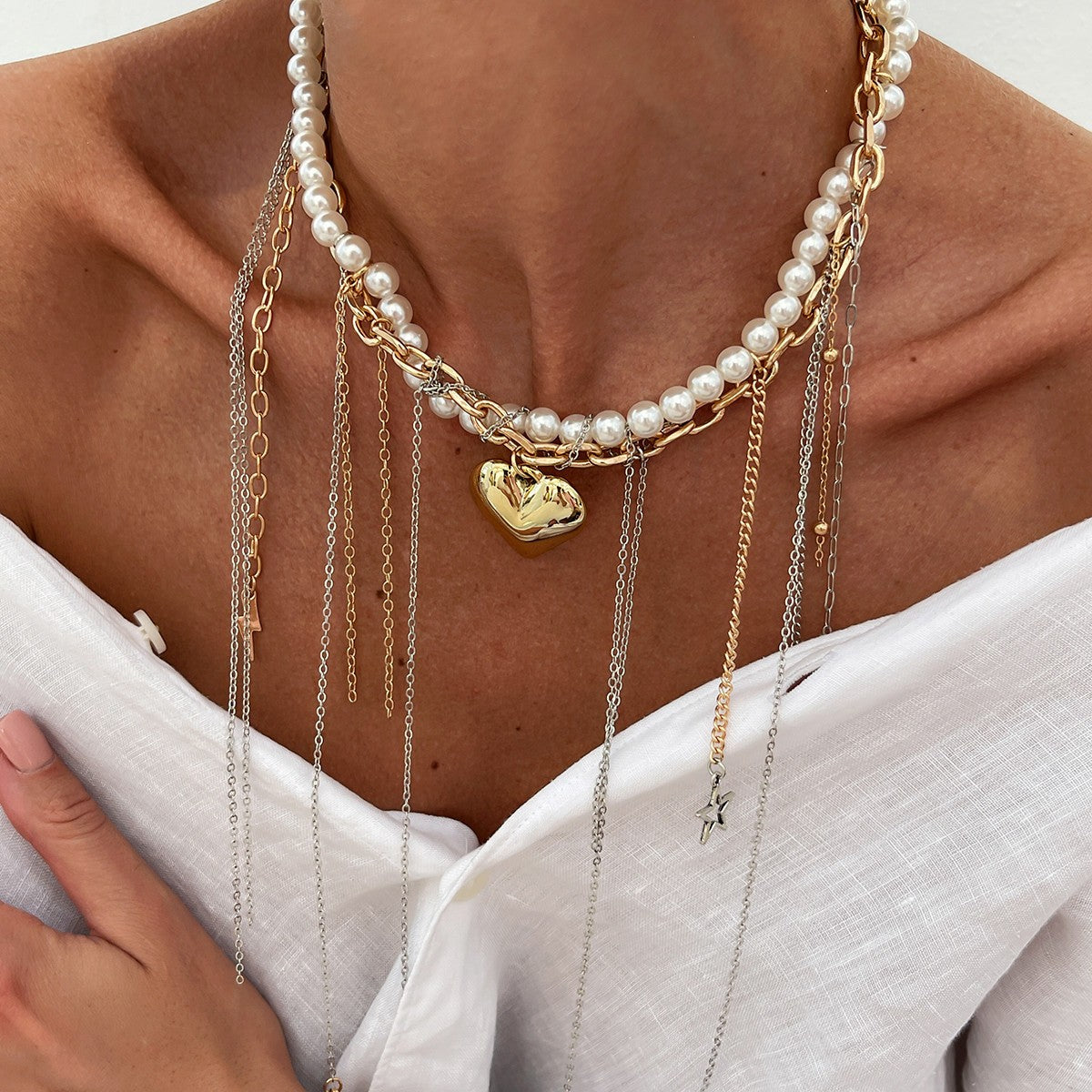 Edgy Layered Faux Pearl Tassel Necklace