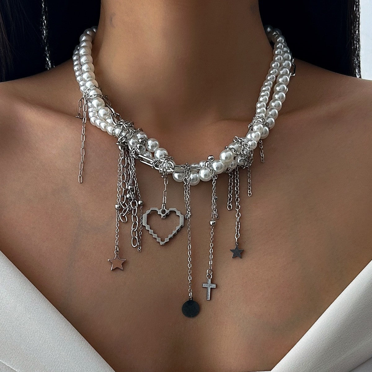 Edgy Layered Faux Pearl Tassel Necklace