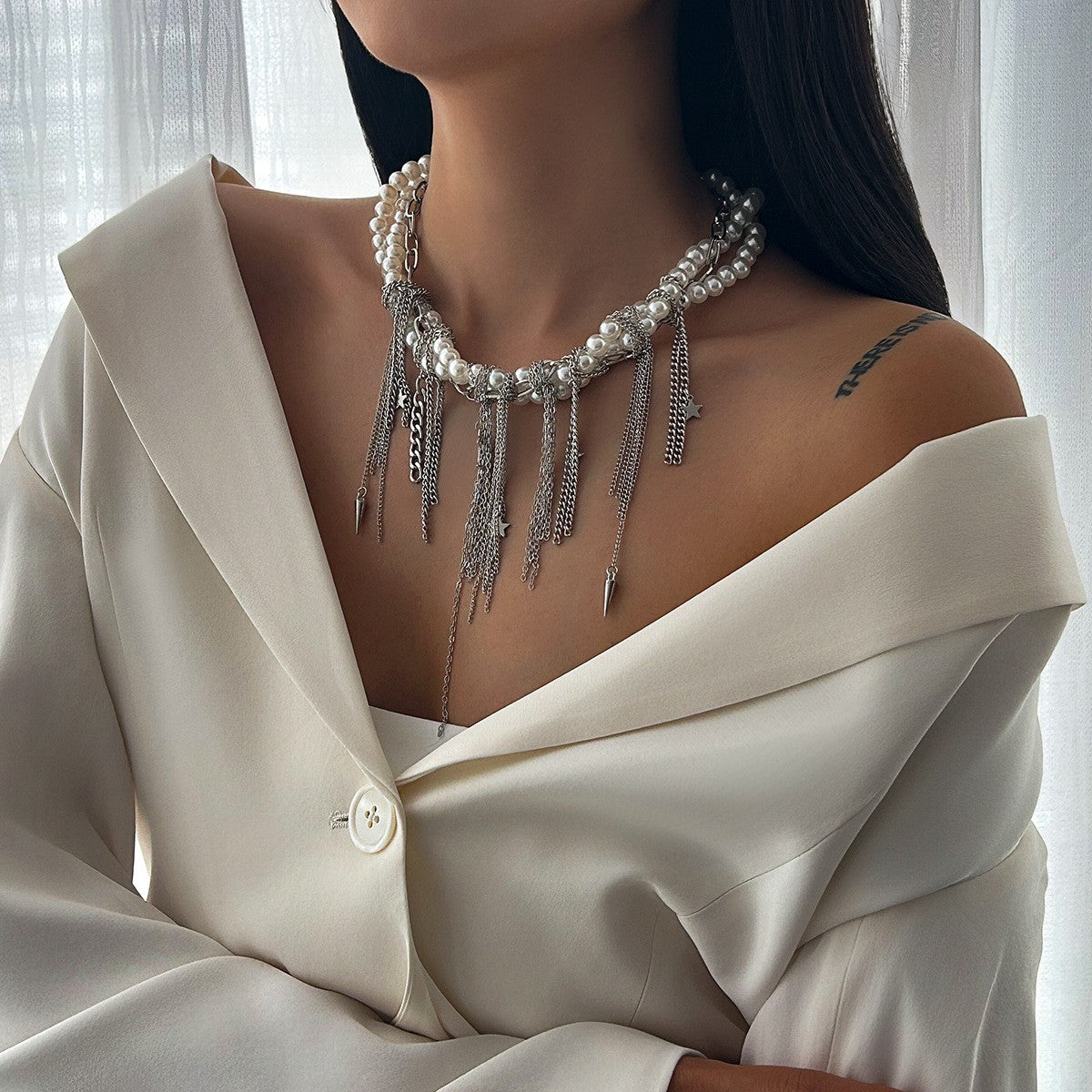 Edgy Layered Faux Pearl Tassel Necklace