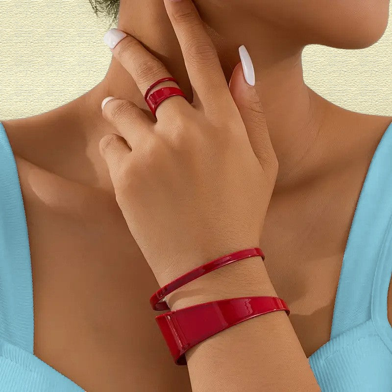 Classy Red Geometric Bangle and Ring Set