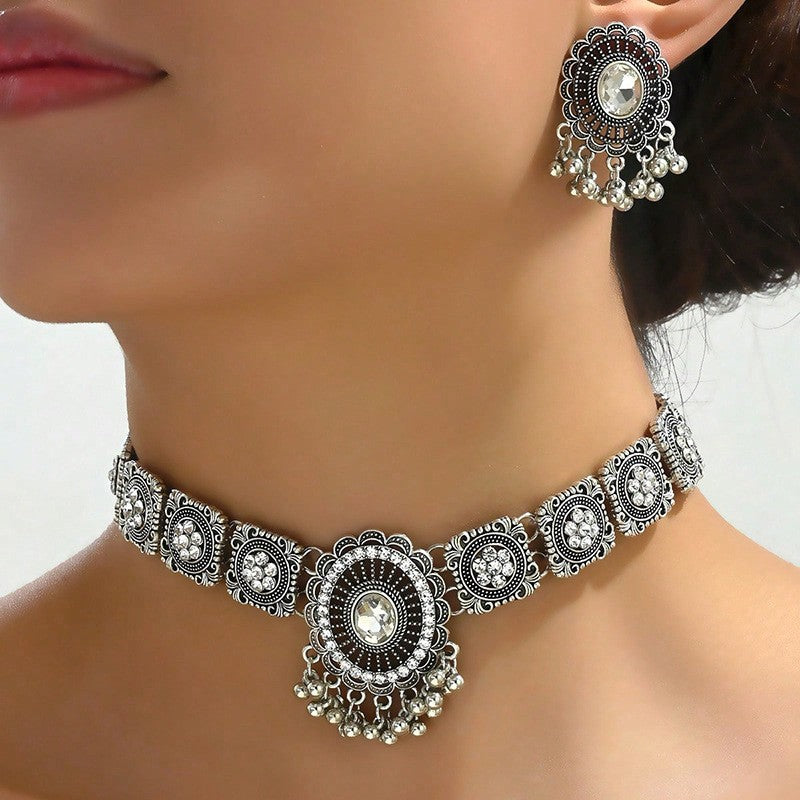 Vintage Rhinestone Medallion Choker & Earring Set