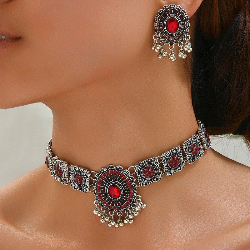 Vintage Rhinestone Medallion Choker & Earring Set