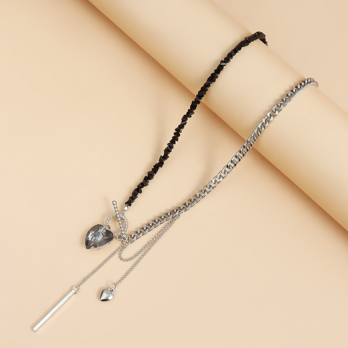 Romantic Black Beaded Heart OT Necklace