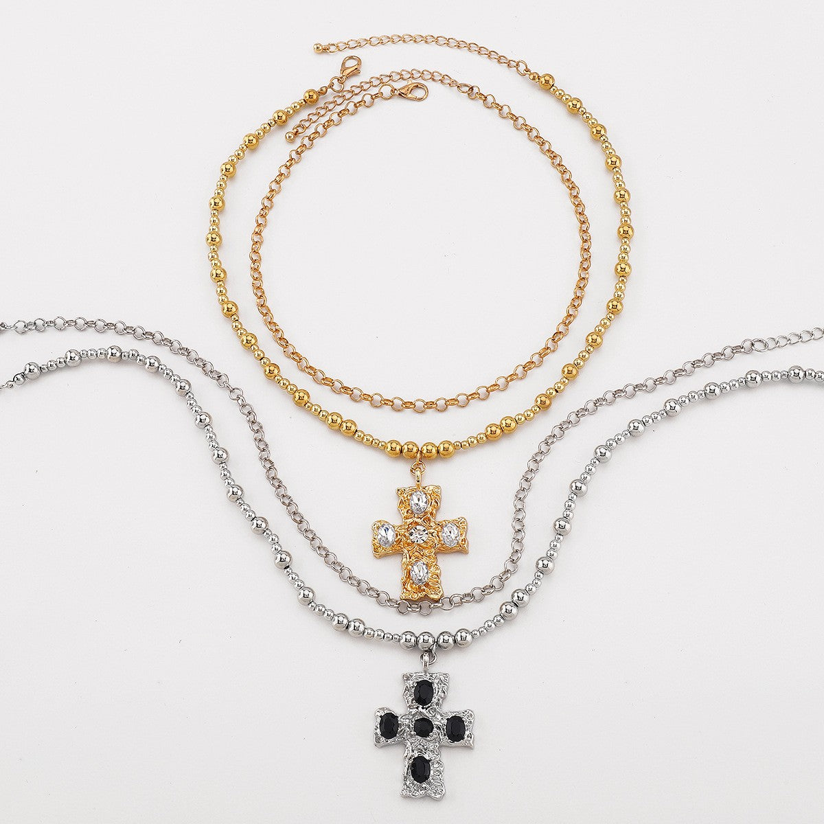 Vintage Rhinestone Cross Layered Necklace