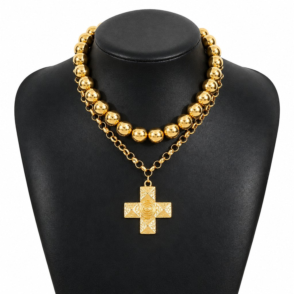 Vintage Rhinestone Cross Layered Necklace