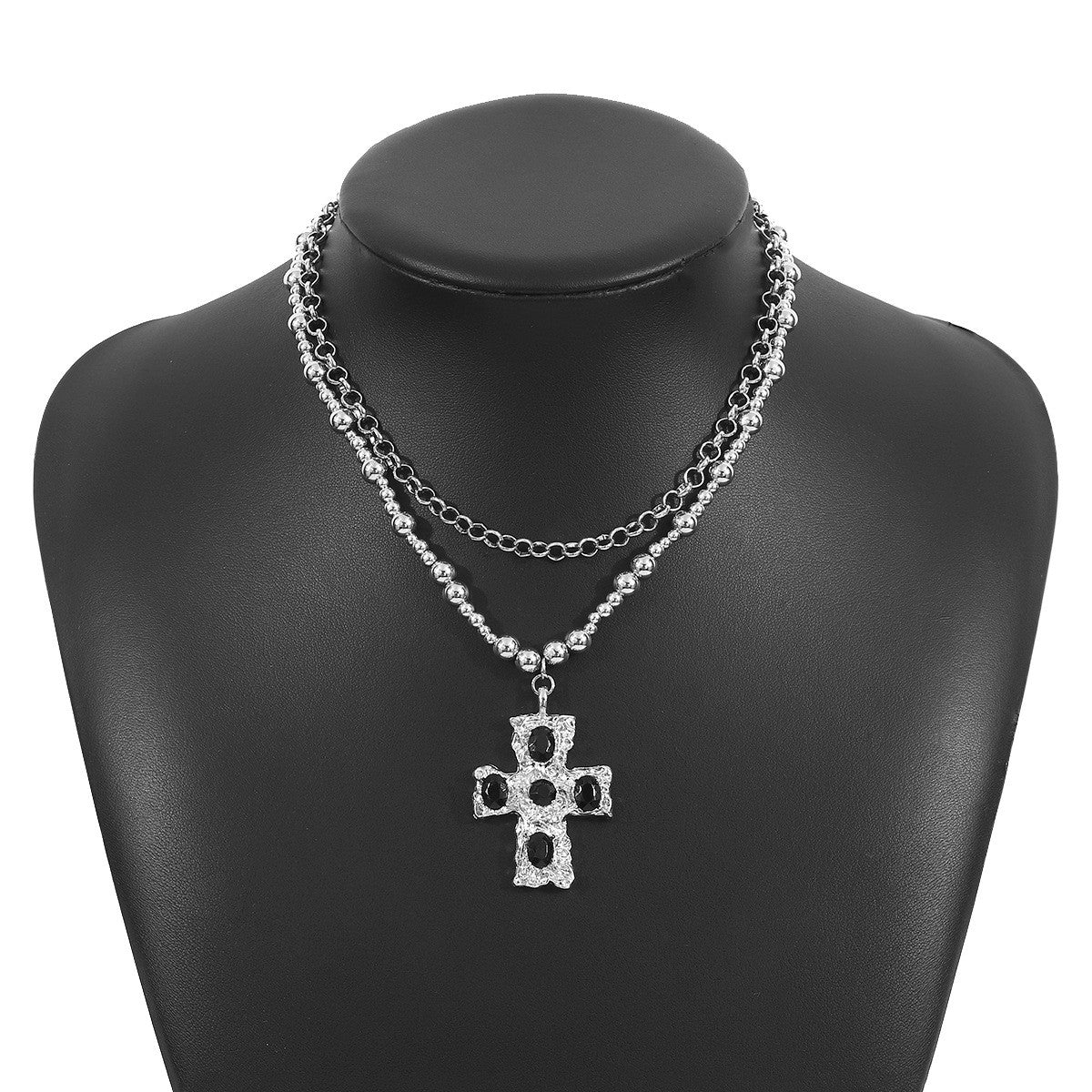 Vintage Rhinestone Cross Layered Necklace