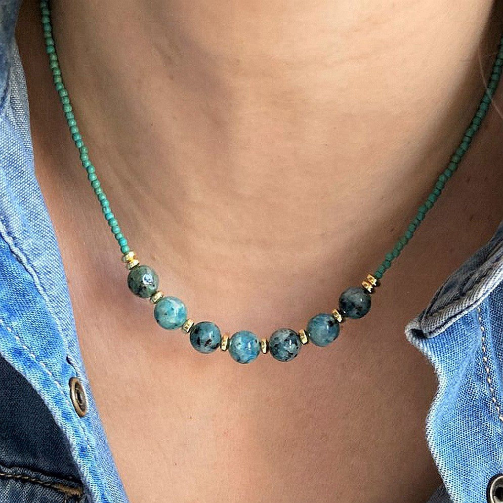 Dainty Blue Stone Seed Bead Necklace