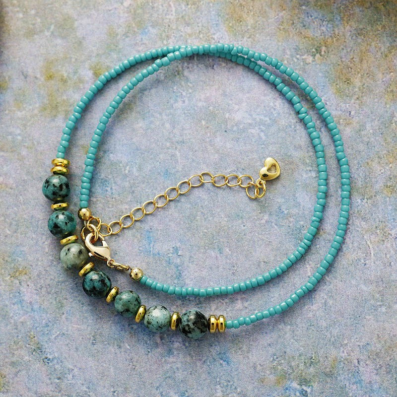Dainty Blue Stone Seed Bead Necklace