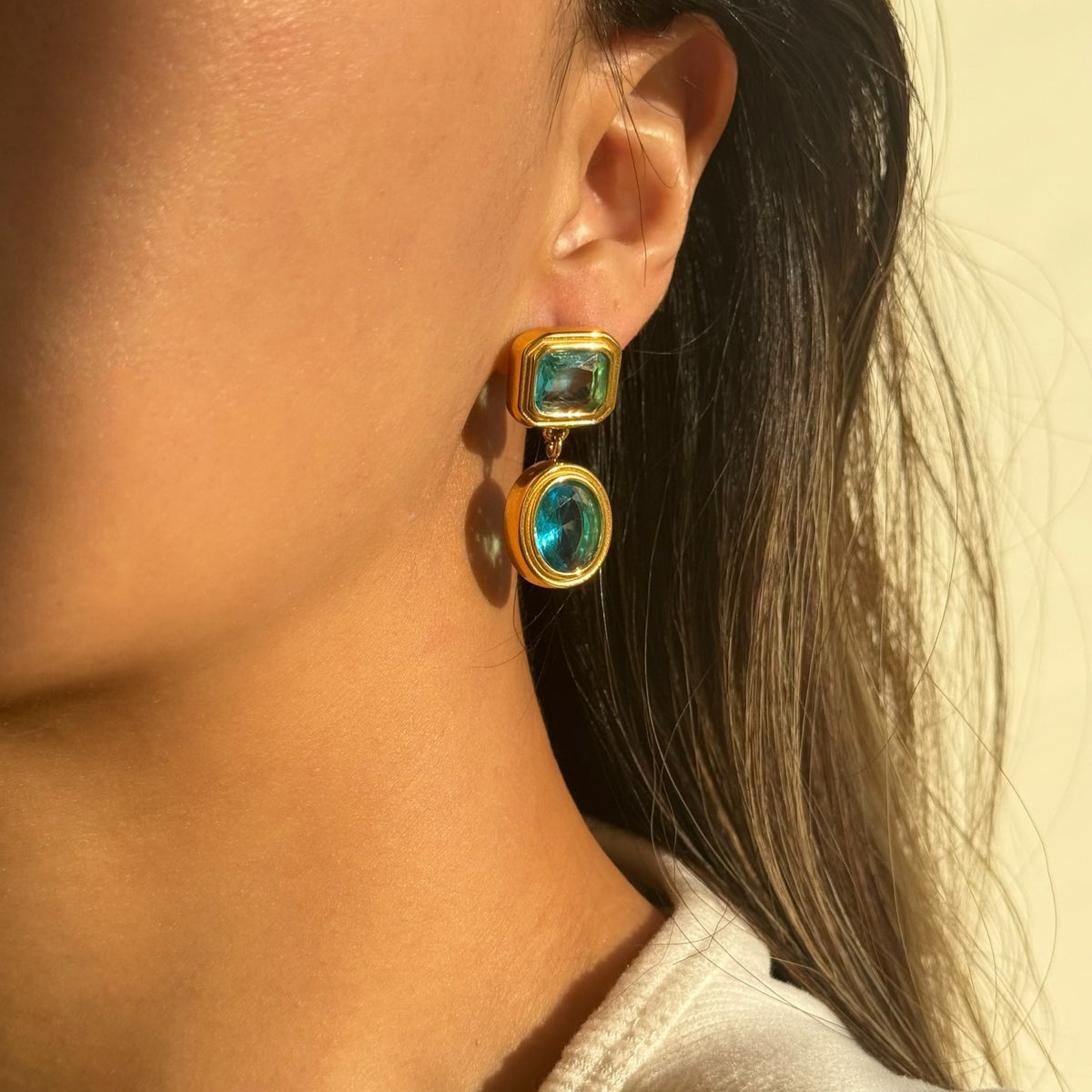 18k Classy Sea Blue Geometric Drop Earrings