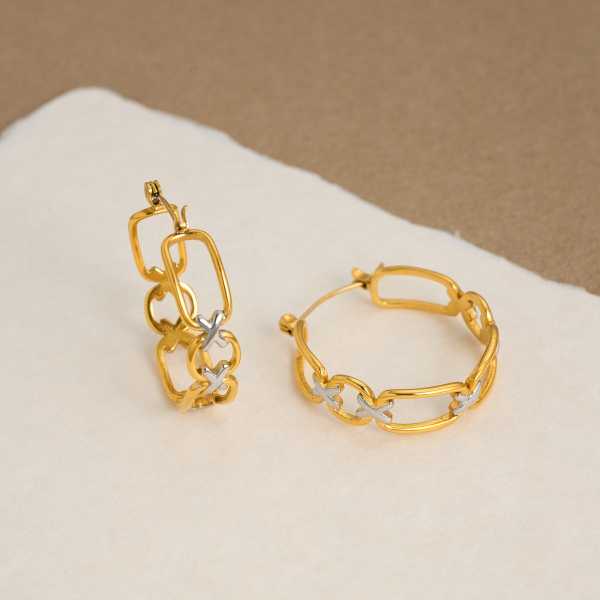 18k Classy Two Tone Geometric Link Earrings