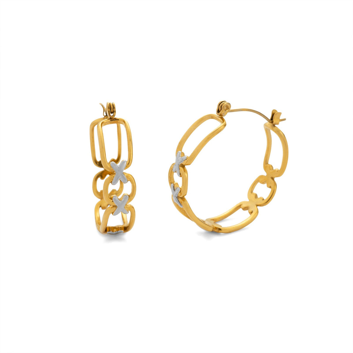 18k Classy Two Tone Geometric Link Earrings