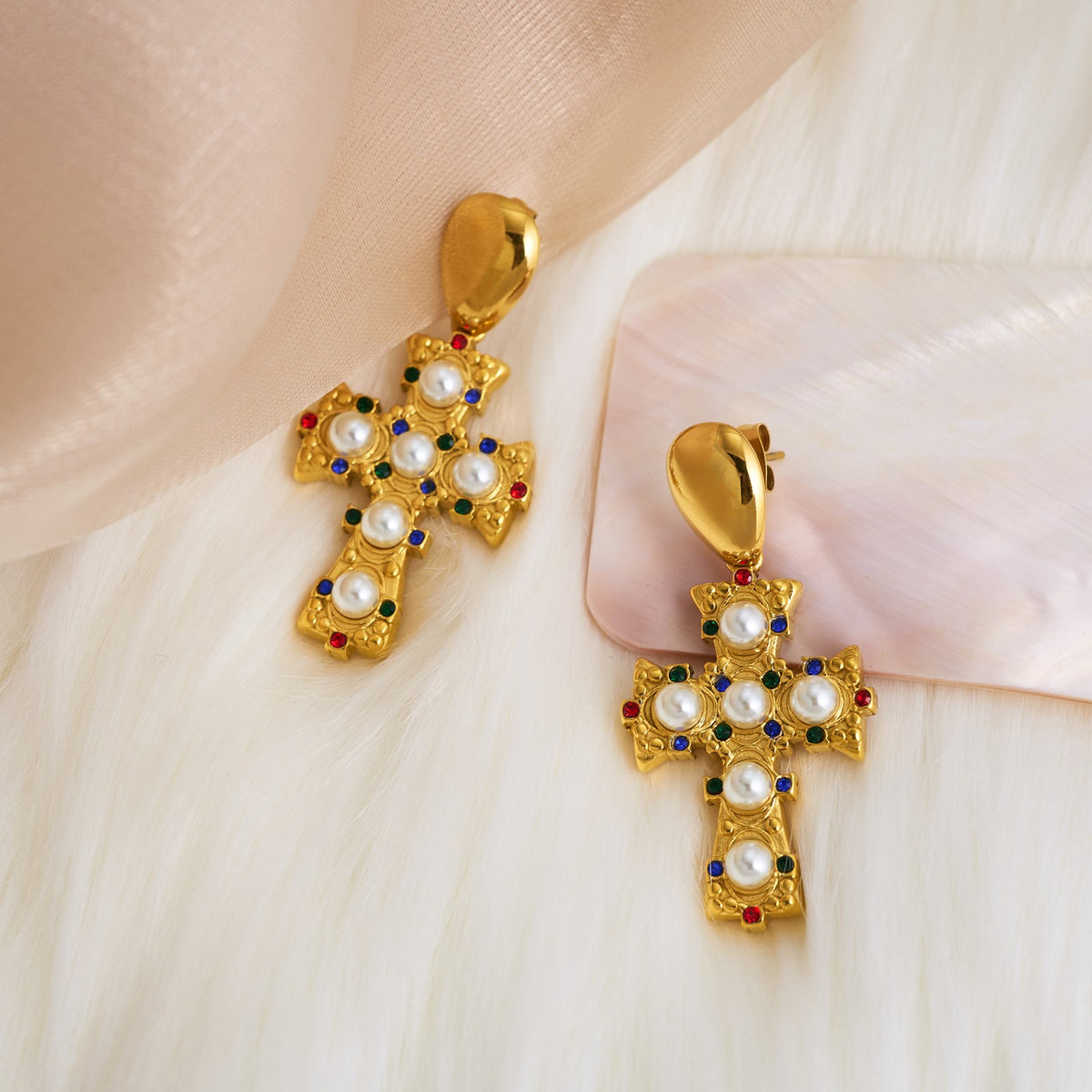 18k Dainty Faux Pearl Cross Earrings