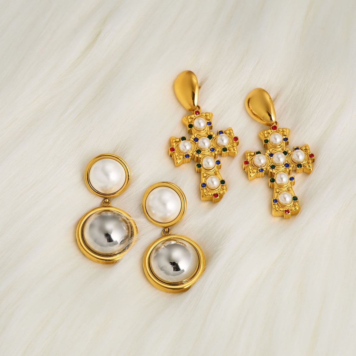 18k Dainty Faux Pearl Cross Earrings