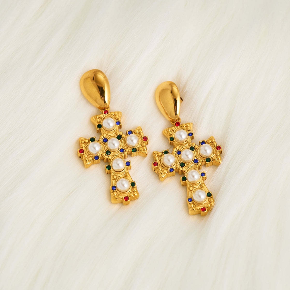18k Dainty Faux Pearl Cross Earrings