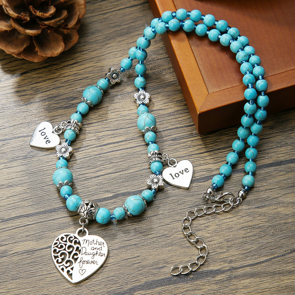 Boho Turquoise Mother Daughter Heart Necklace