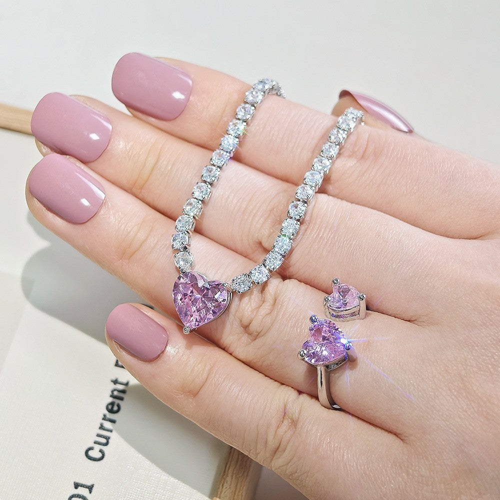 Romantic Pink Heart Zirconia Necklace & Earring Set
