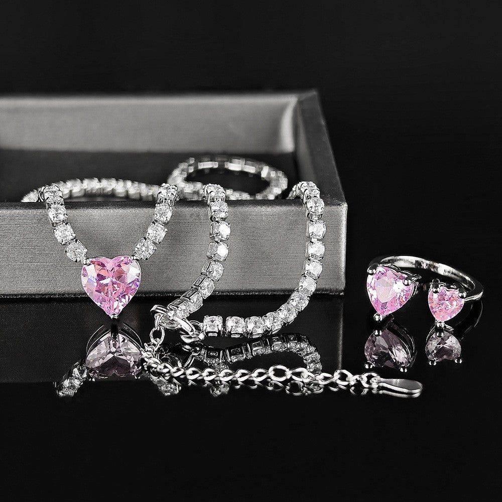 Romantic Pink Heart Zirconia Necklace & Earring Set