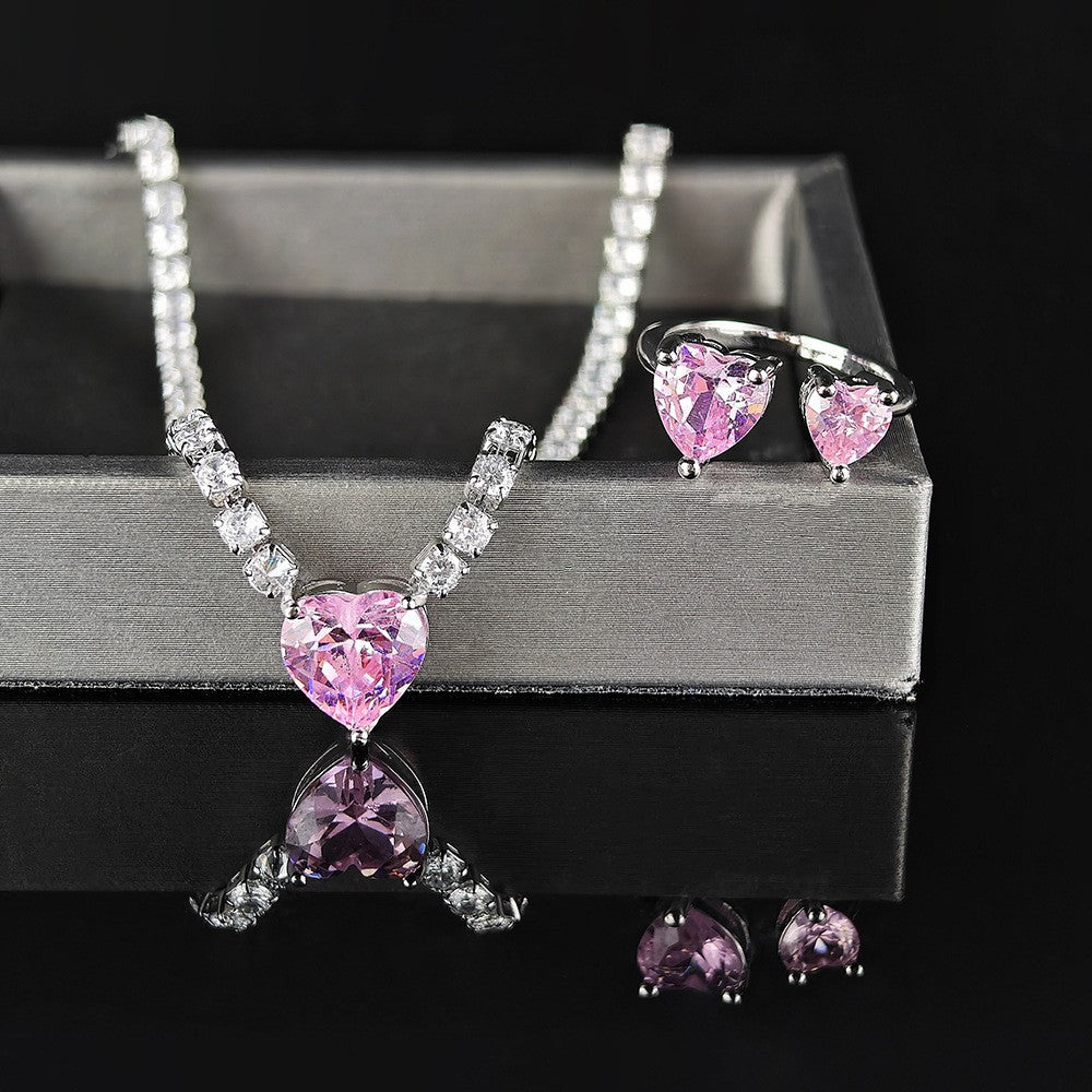 Romantic Pink Heart Zirconia Necklace & Earring Set
