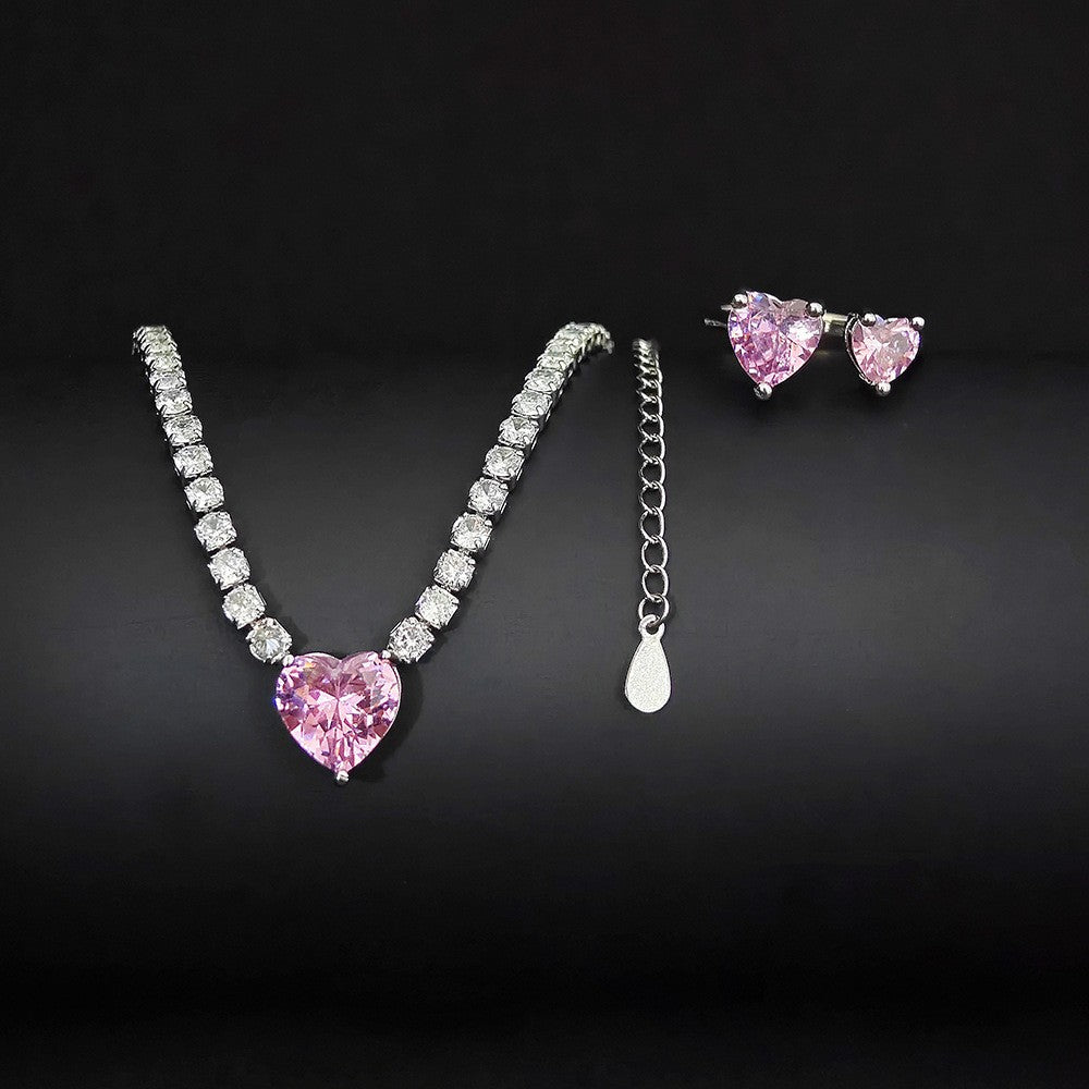 Romantic Pink Heart Zirconia Necklace & Earring Set