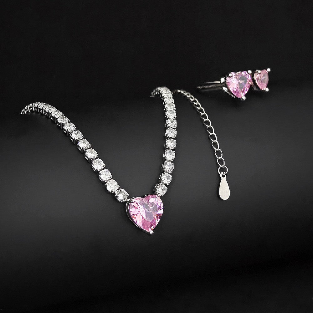 Romantic Pink Heart Zirconia Necklace & Earring Set