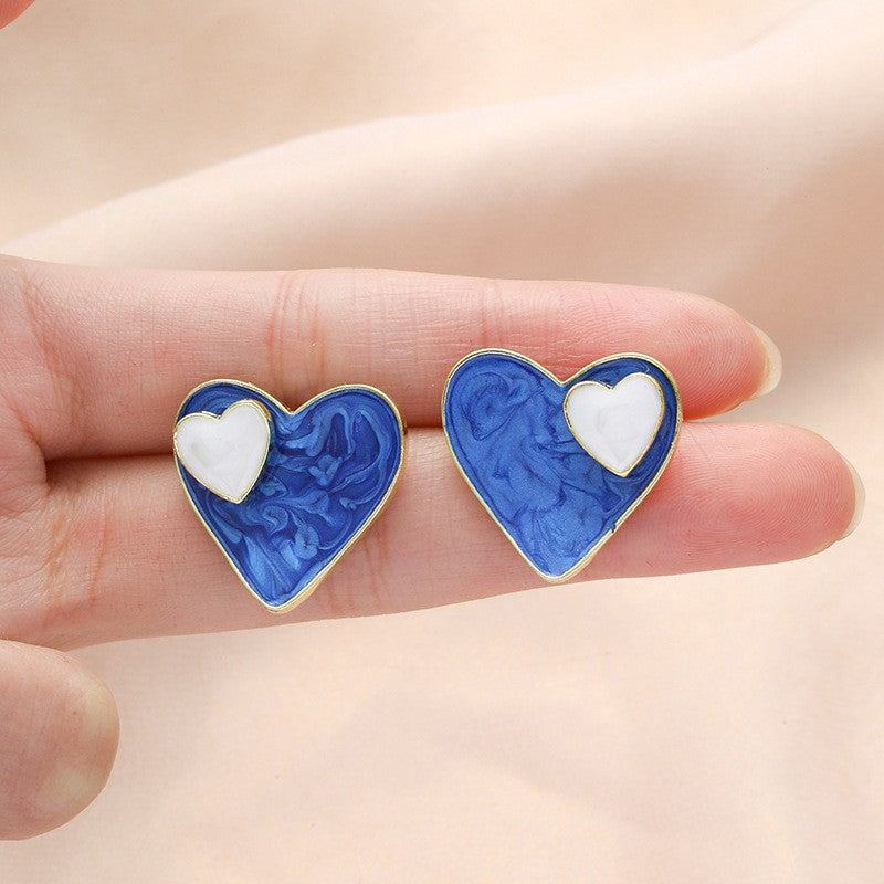 Romantic Blue Marbled Heart Stud Earrings