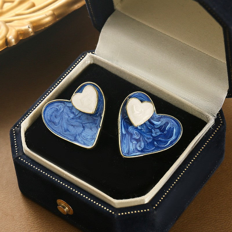 Romantic Blue Marbled Heart Stud Earrings
