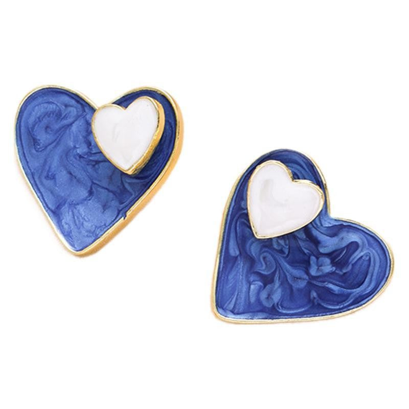 Romantic Blue Marbled Heart Stud Earrings