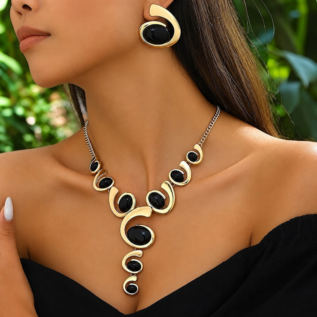 Classy Black Oval Spiral Necklace & Earring Set