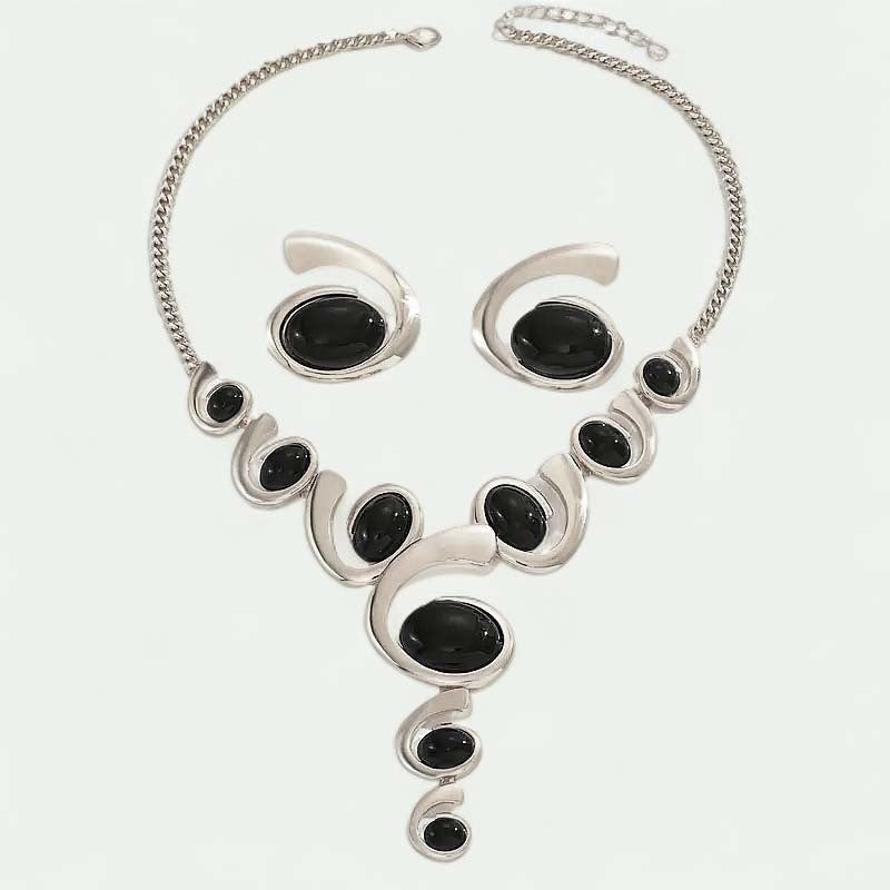 Classy Black Oval Spiral Necklace & Earring Set