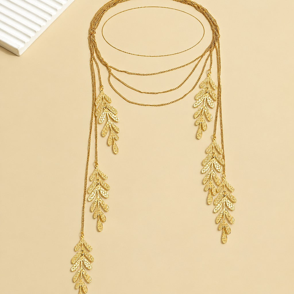 Classy Layered Leaf Tassel Necklace