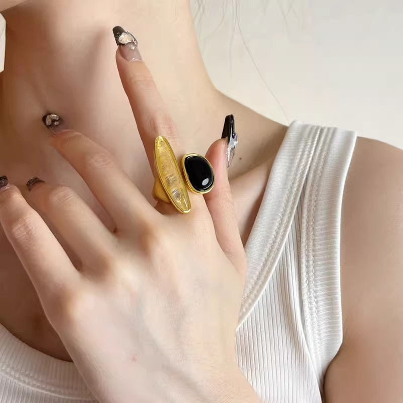 Classy Asymmetric Black Agate Open Ring