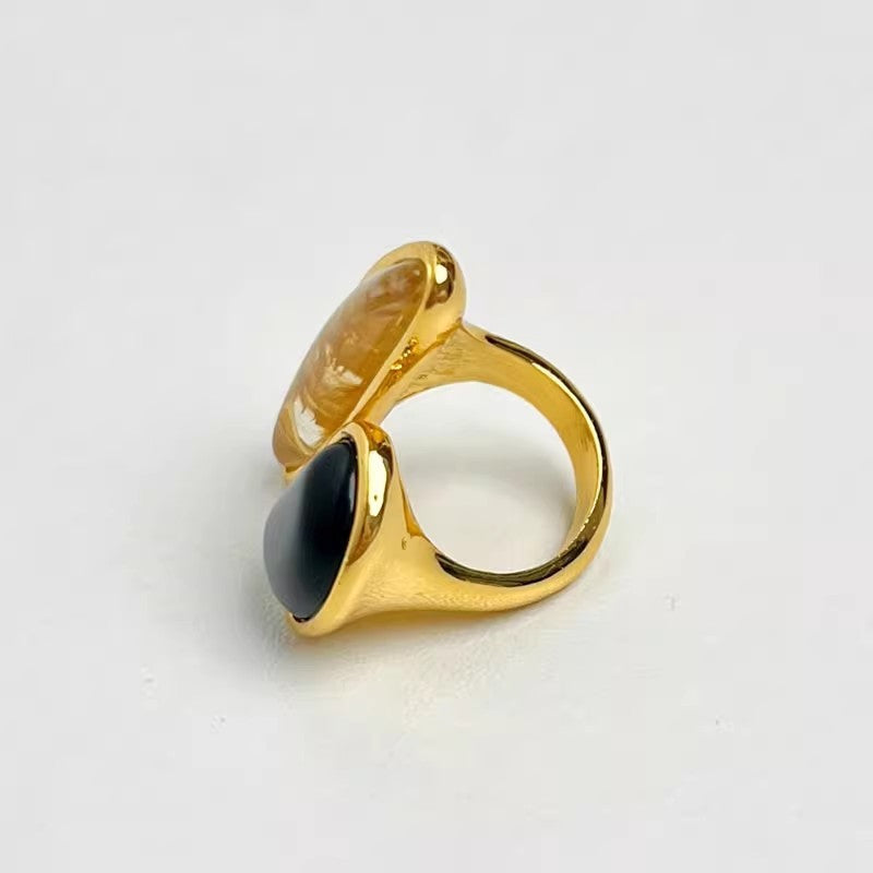 Classy Asymmetric Black Agate Open Ring