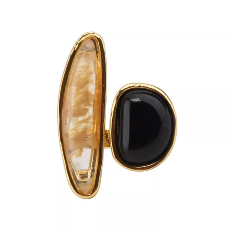 Classy Asymmetric Black Agate Open Ring