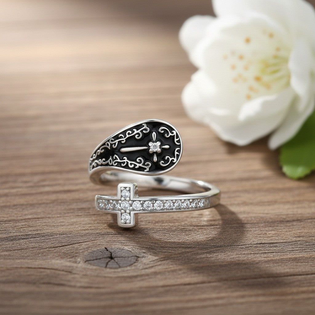 Edgy Black Enamel Cross Open Ring