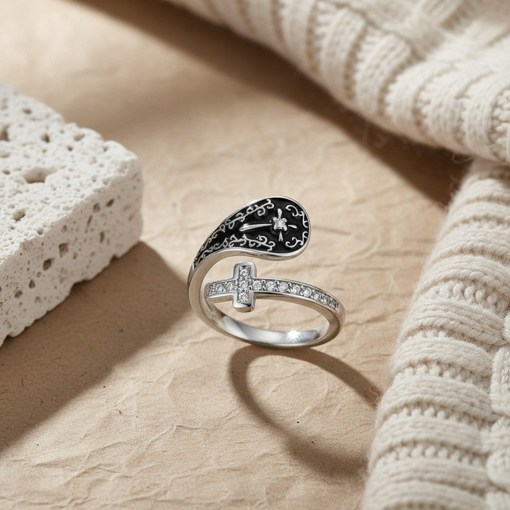 Edgy Black Enamel Cross Open Ring