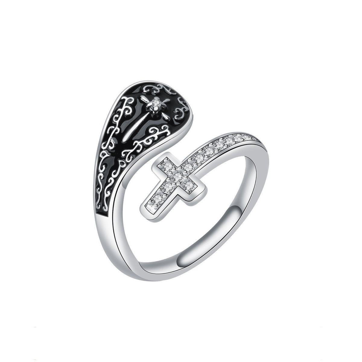 Edgy Black Enamel Cross Open Ring