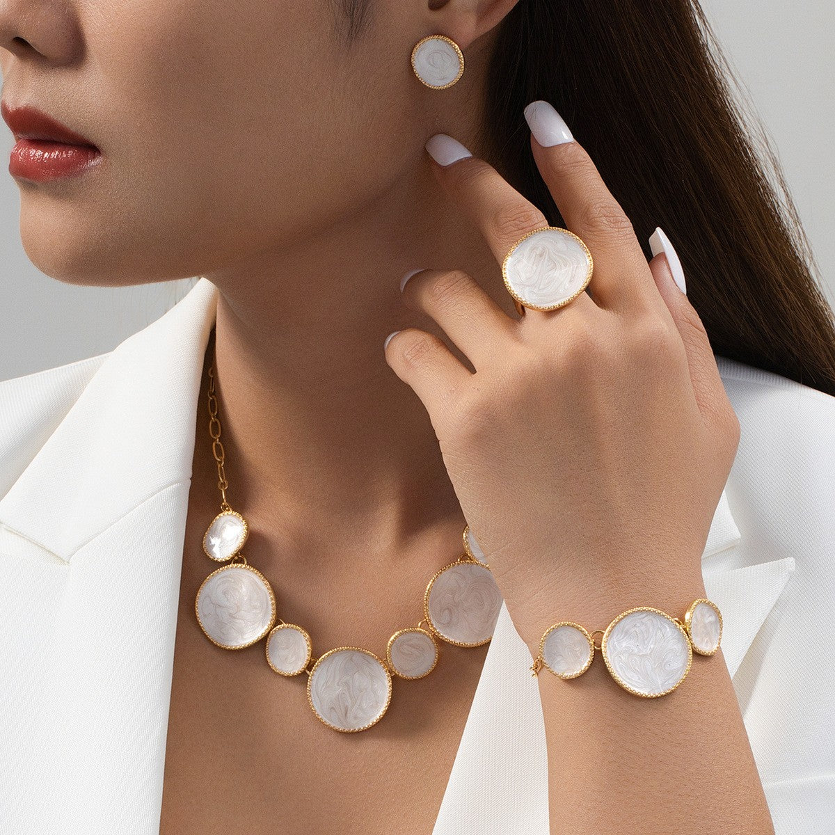 Classy White Marbled Necklace, Bracelet & Earring Set