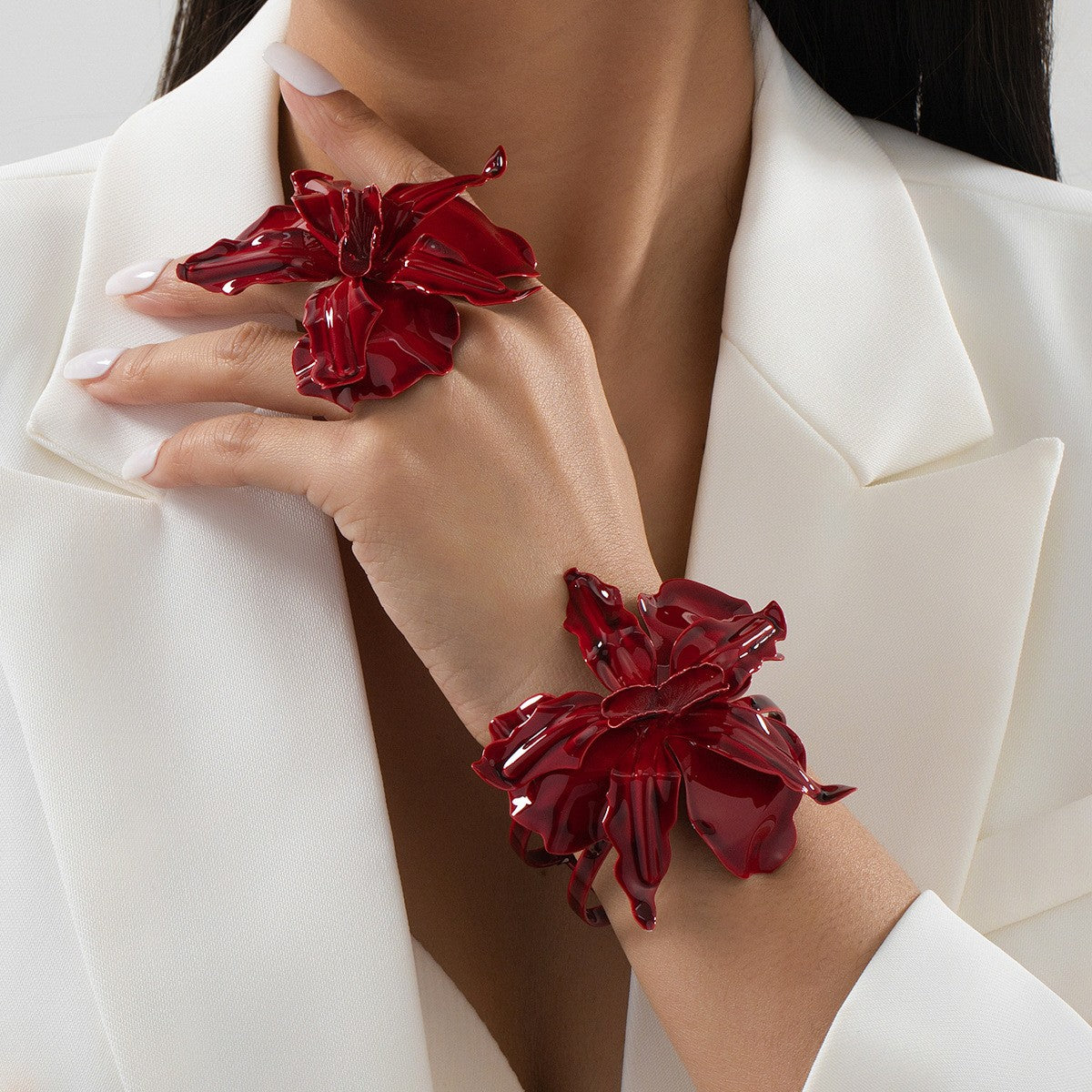 Romantic Red Glossy Flower Ring & Bracelet Set